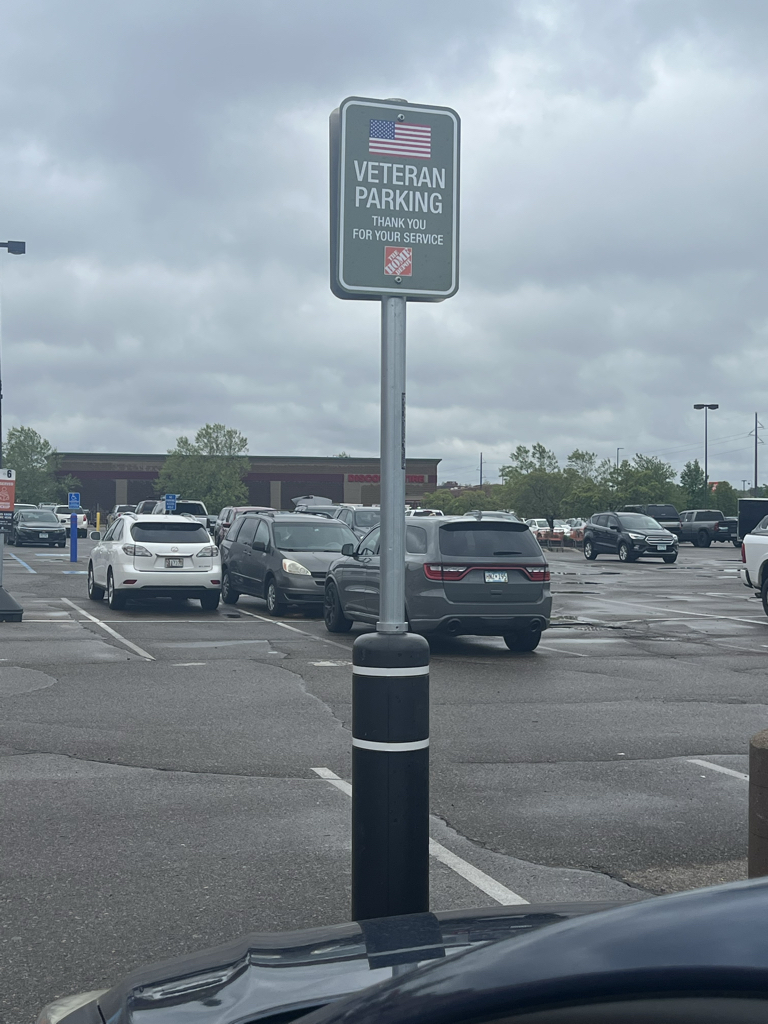 I was going to the Home Depot in Apple Valley, MN today and found a nice parking spot reserved for veterans.  Nice going Home Depot !!  